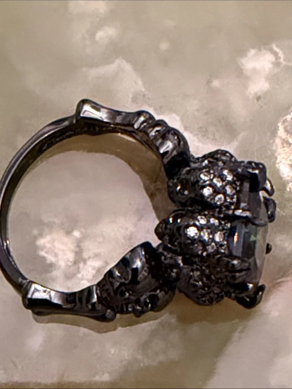 Square Cut Cocktail Ring - Black Metal & Iridescent Crystal - Size 6 US